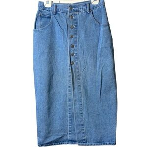 Vintage High-Waisted Denim Midi Skirt Button Front Size 13/14 Classic 90s Cotton